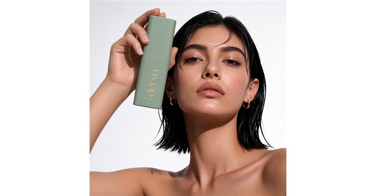 Modelo de cabelo curto segurando o frasco verde do hidratante Créma ao lado do rosto.