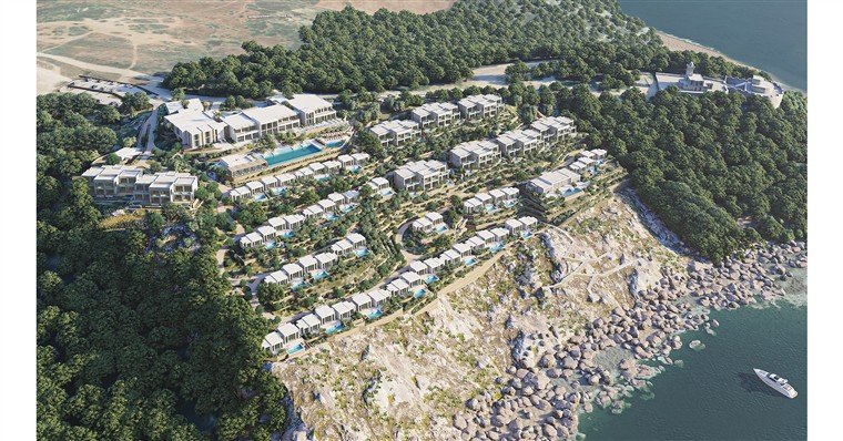 Vista aérea do projeto do resort em Cap Malabata, com vilas escalonadas na encosta diante do mar.