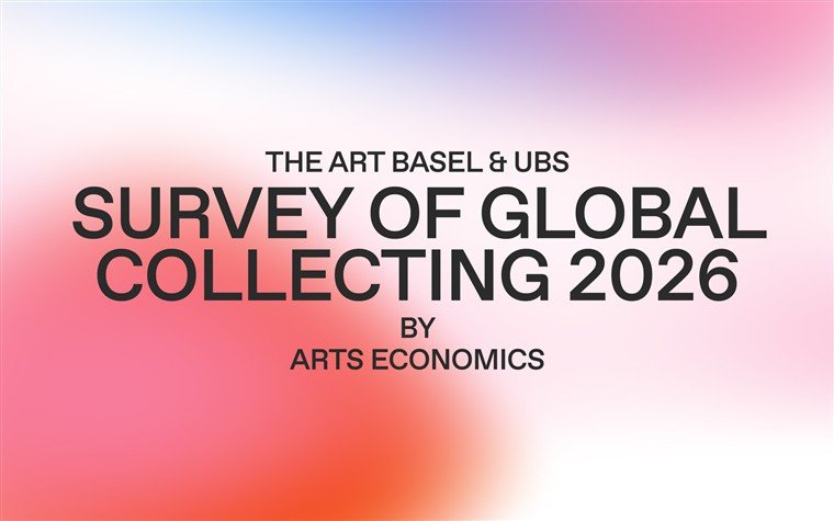 Arte de capa do estudo Art Basel and UBS Survey of Global Collecting 2026, com fundo em degradê rosa e azul.