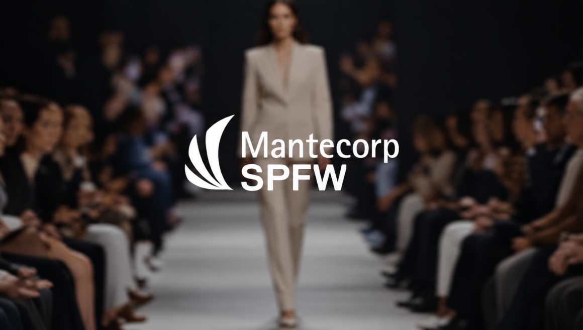 Logo Mantecorp SPFW sobre imagem de desfile no São Paulo Fashion Week