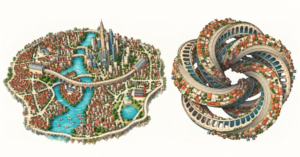Ilustração de duas cidades em miniatura, uma circular cortada por rios e outra retorcida em forma de nó