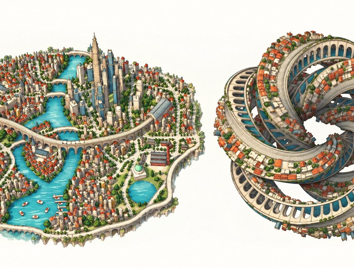 Ilustração de duas cidades em miniatura, uma circular cortada por rios e outra retorcida em forma de nó