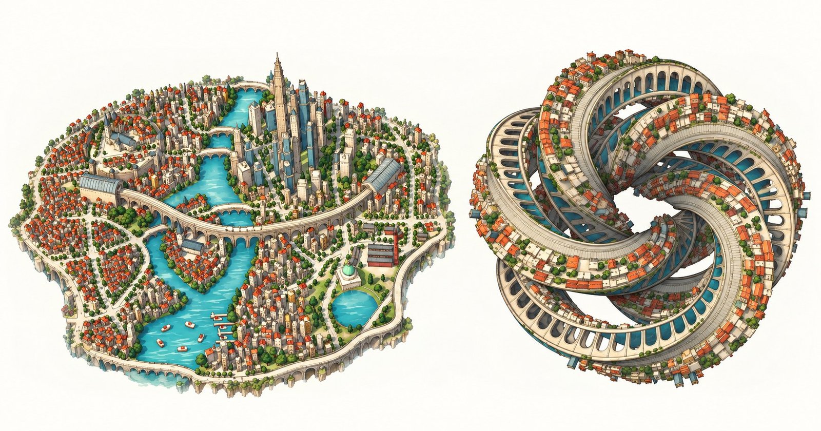 Ilustração de duas cidades em miniatura, uma circular cortada por rios e outra retorcida em forma de nó