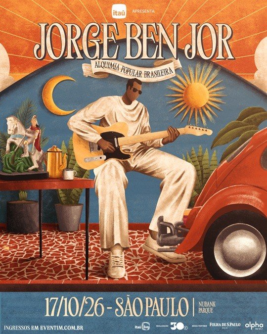 Pôster do show Alquimia Popular Brasileira, de Jorge Ben Jor, em São Paulo, com apresentação do Itaú.