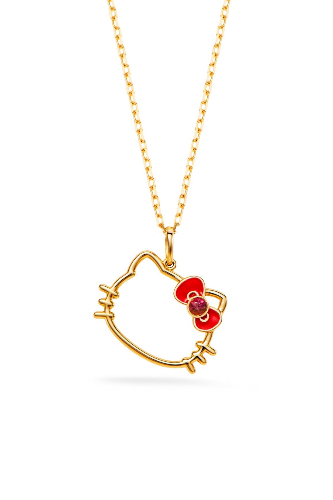 Colar dourado com pingente vazado de Hello Kitty e laço vermelho, da Julio Okubo
