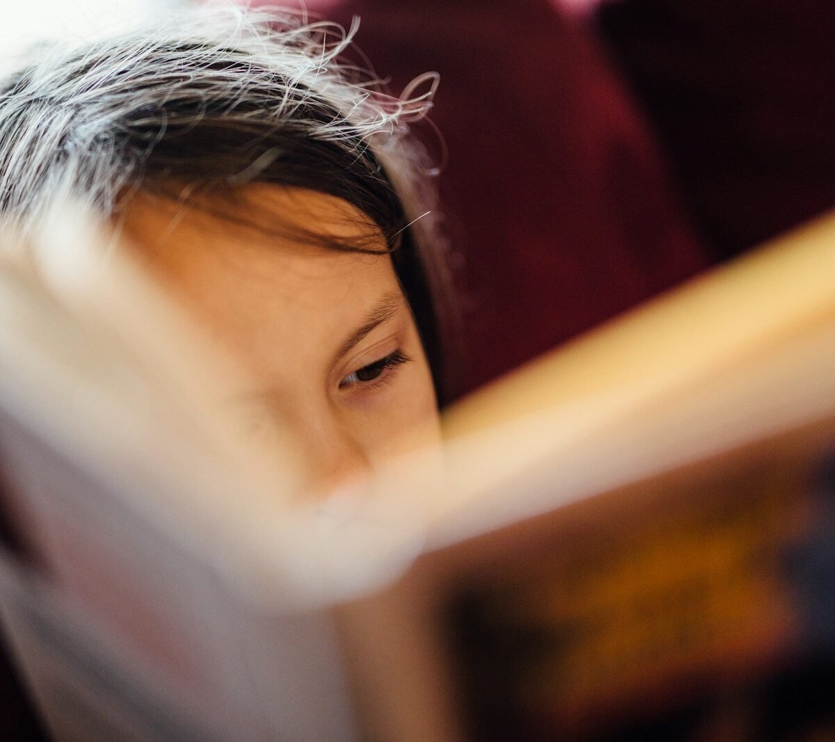 Menina concentrada na leitura de um livro ilustrado