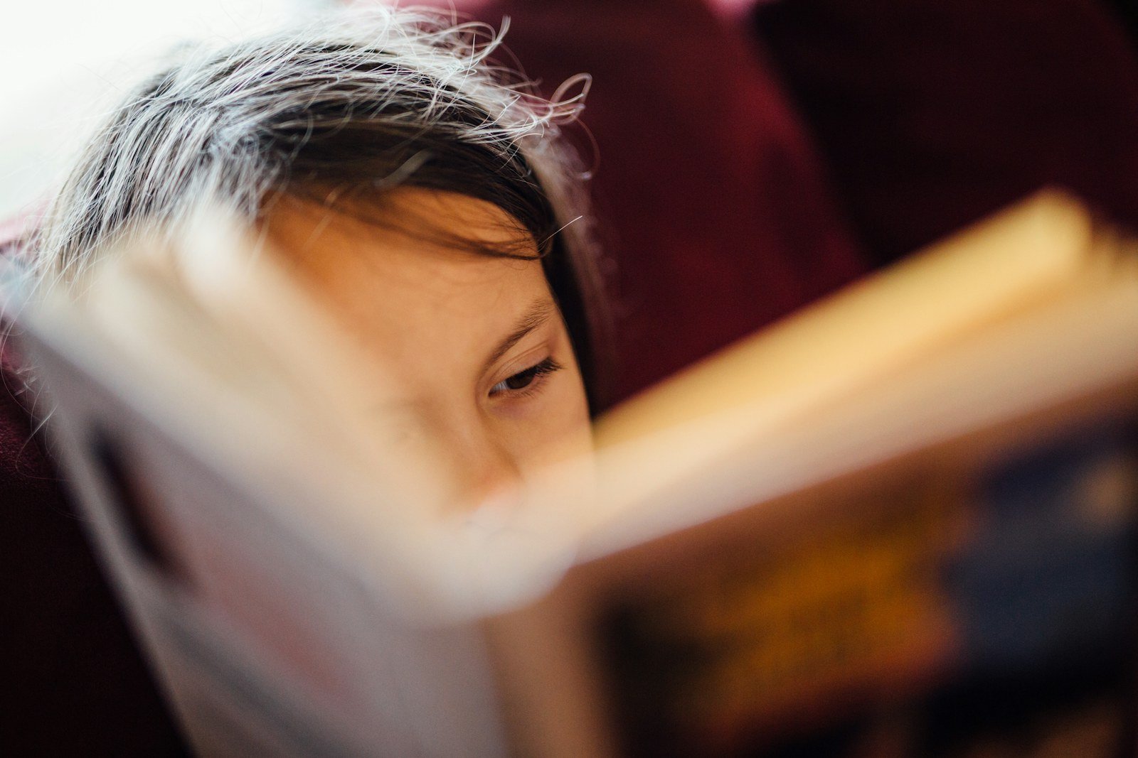 Menina concentrada na leitura de um livro ilustrado