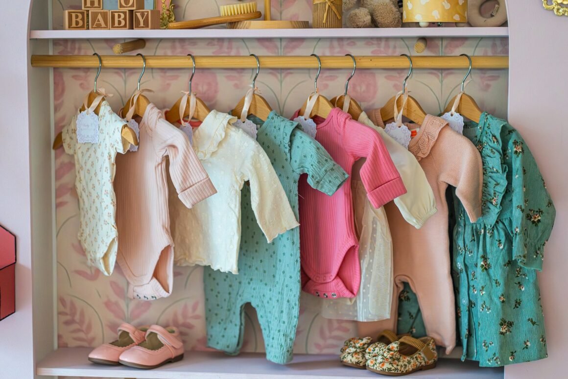Roupas de bebê em tons pastel penduradas em uma arara