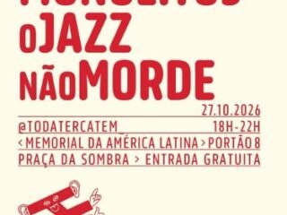 Cartaz vermelho e branco dos shows de Monolitos e O Jazz Não Morde no Memorial da América Latina em 27 de outubro de 2026