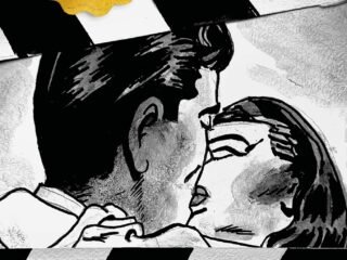 Pôster da 50ª Mostra Internacional de Cinema em São Paulo, com selo dourado e desenho em preto e branco de um casal se beijando entre as listras de uma claquete