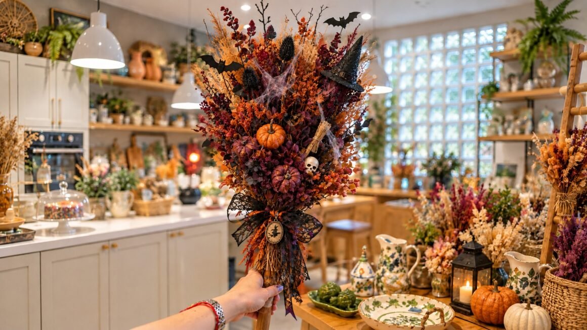 Vassoura decorativa com flores secas, abóboras e elementos de Halloween na loja Que Capricho!, no Santo Mercado.