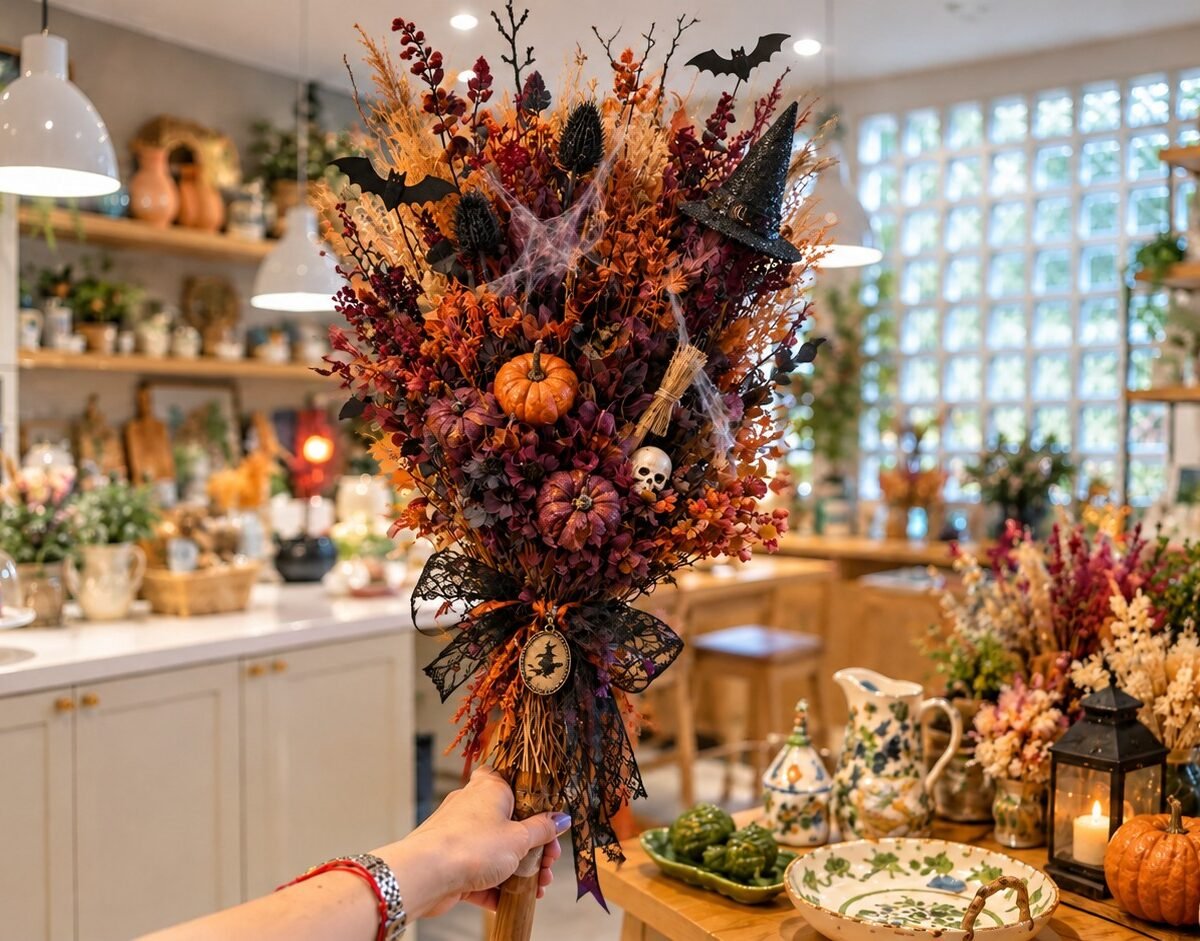 Vassoura decorativa com flores secas, abóboras e elementos de Halloween na loja Que Capricho!, no Santo Mercado.