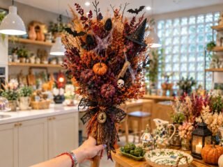 Vassoura decorativa com flores secas, abóboras e elementos de Halloween na loja Que Capricho!, no Santo Mercado.