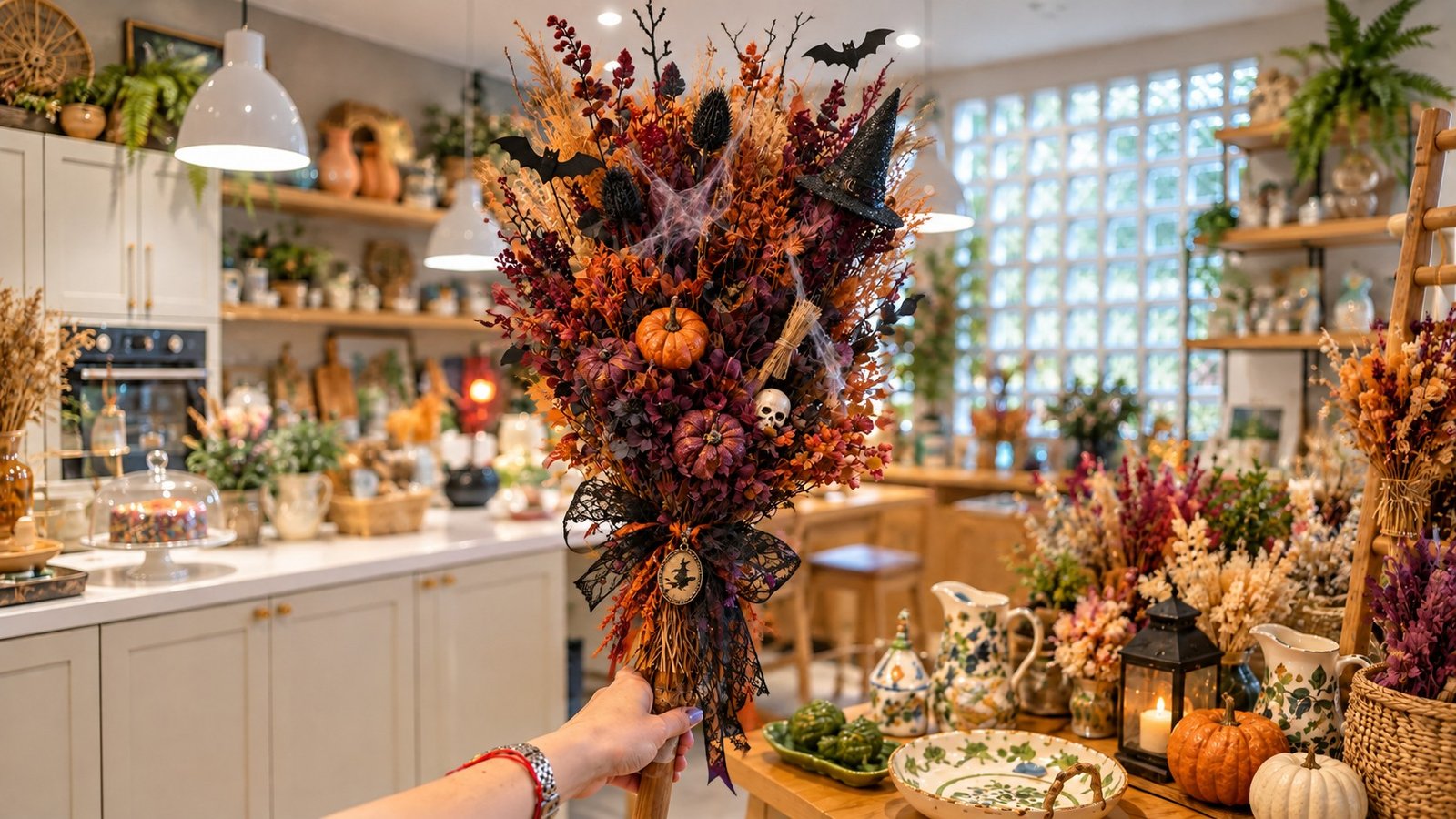 Vassoura decorativa com flores secas, abóboras e elementos de Halloween na loja Que Capricho!, no Santo Mercado.
