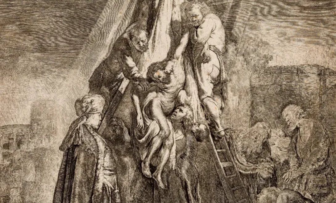 Gravura em tons sépia de Rembrandt mostrando a descida de Cristo da cruz, com homens apoiados em uma escada amparando o corpo e figuras observando ao redor