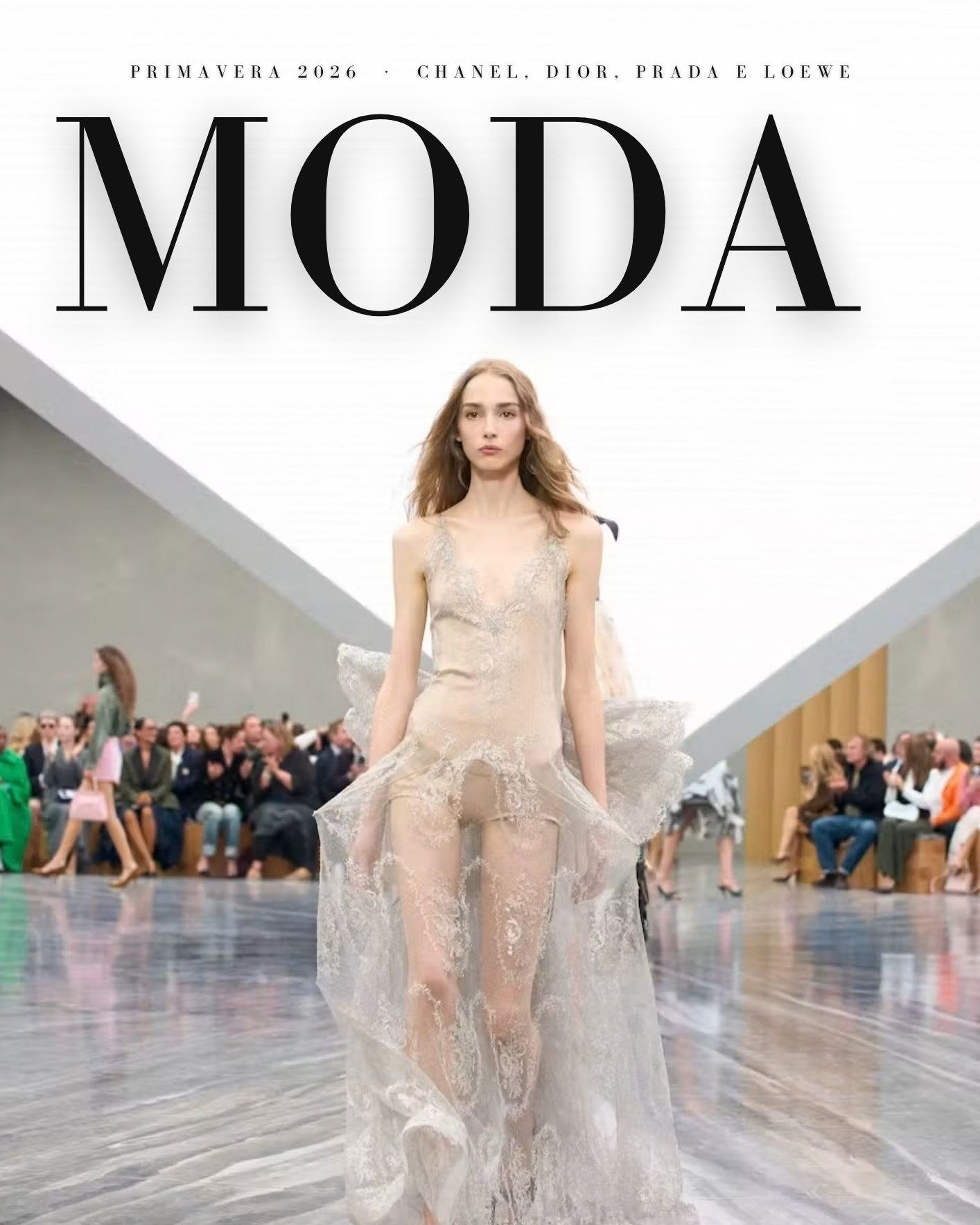 Abertura da seção Moda da edição 29, com modelo em vestido transparente na passarela