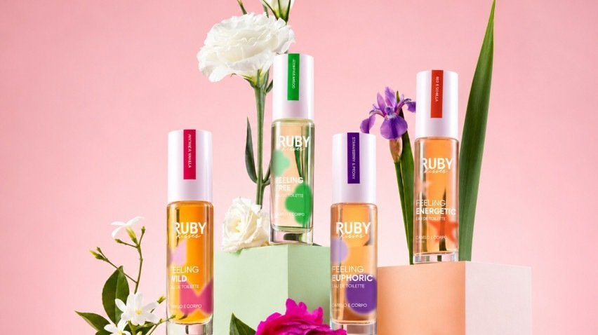 Quatro frascos da Feelings Collection, da Ruby Kisses, entre flores sobre fundo rosa