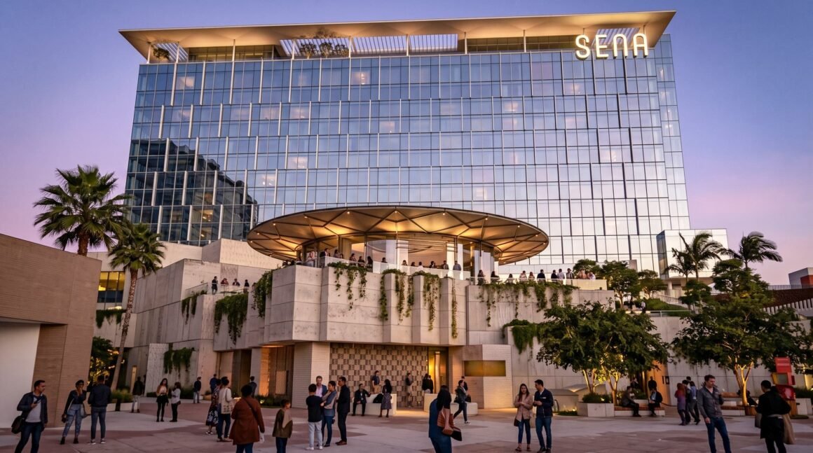 Renderização do hotel SENA no complexo OCVIBE, em Anaheim, com fachada de vidro e terraço circular iluminado ao entardecer