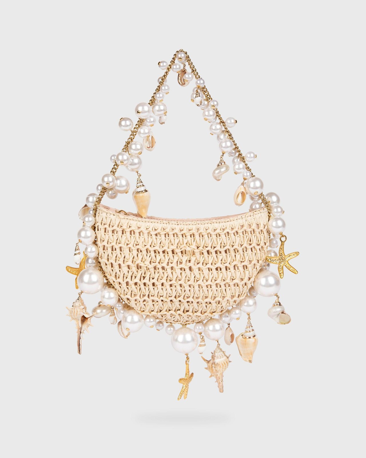 Trancosina Aphrodite handbag in natural straw with pearls, shells and gold starfish charms