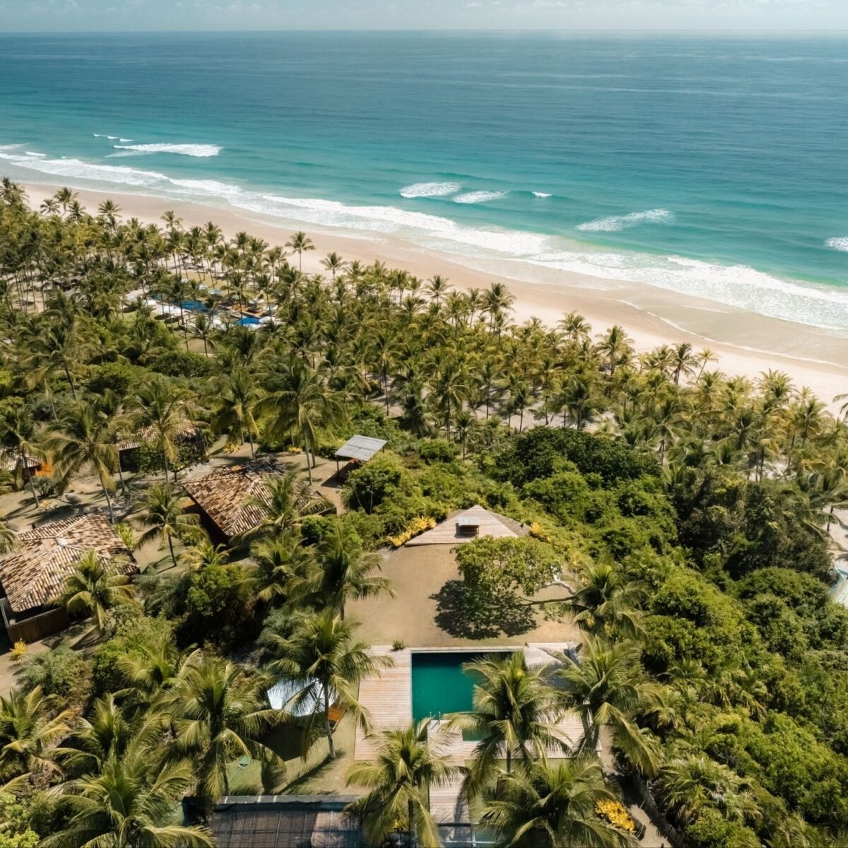 Vista aérea do Txai Resort Itacaré, com bangalôs e piscina entre coqueiros e Mata Atlântica, diante de praia extensa e mar azul