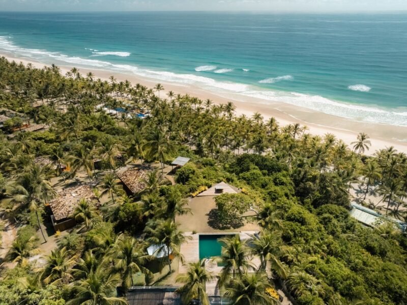 Vista aérea do Txai Resort Itacaré, com bangalôs e piscina entre coqueiros e Mata Atlântica, diante de praia extensa e mar azul