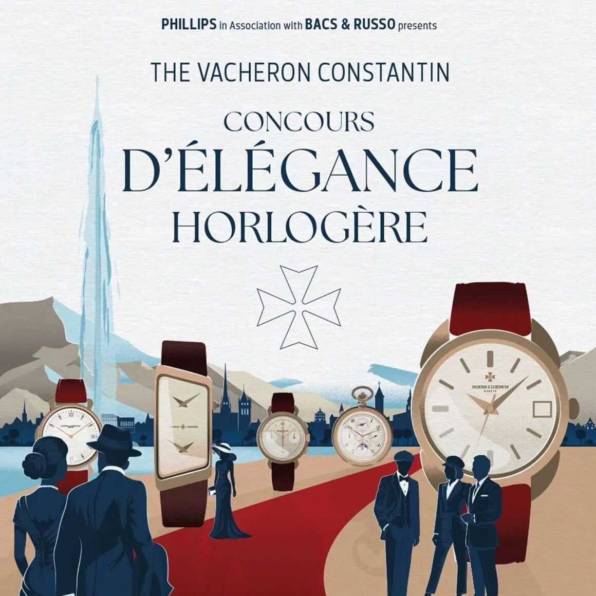 Cartaz ilustrado do concurso de relojoaria da Vacheron Constantin, com relógios históricos e uma passarela em Genebra