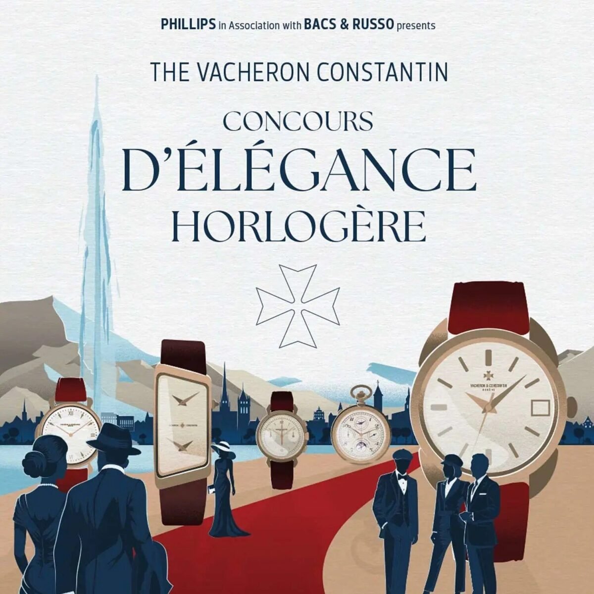 Cartaz ilustrado do concurso de relojoaria da Vacheron Constantin, com relógios históricos e uma passarela em Genebra