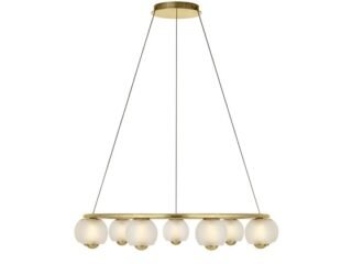 Lustre circular dourado com globos brancos da linha Boule, de Verena Brausch.