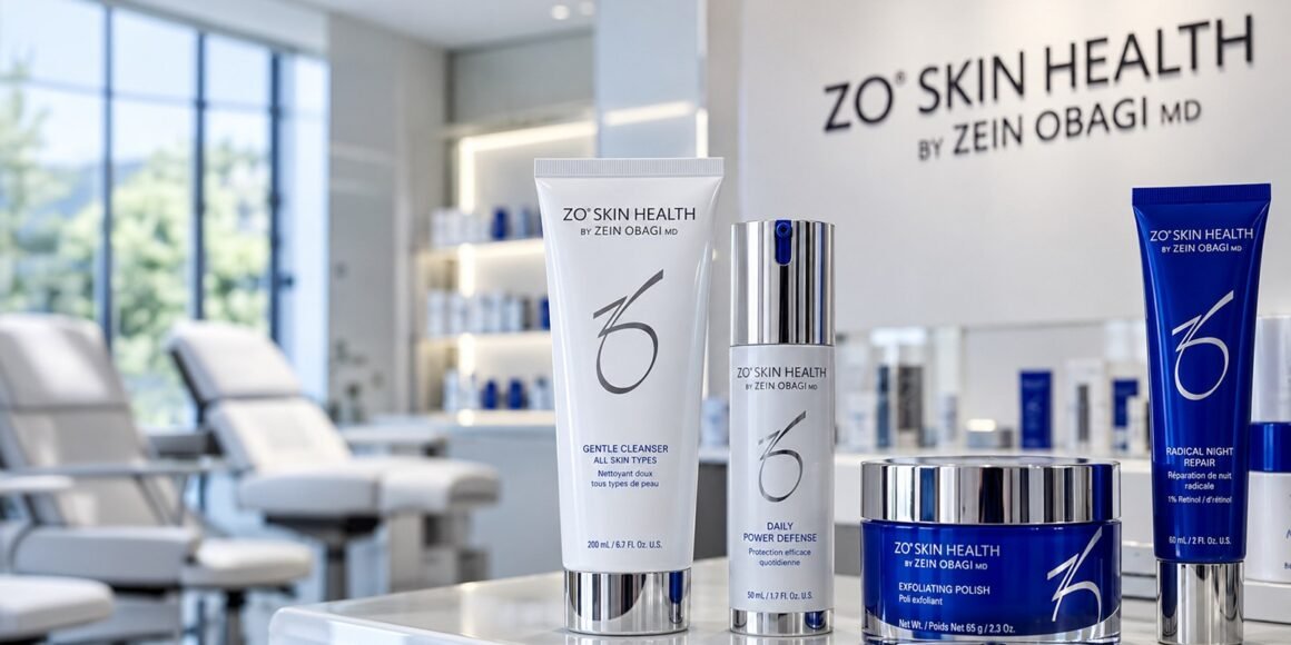Produtos da ZO Skin Health, entre eles Gentle Cleanser, Daily Power Defense, Exfoliating Polish e Radical Night Repair, sobre bancada de clínica